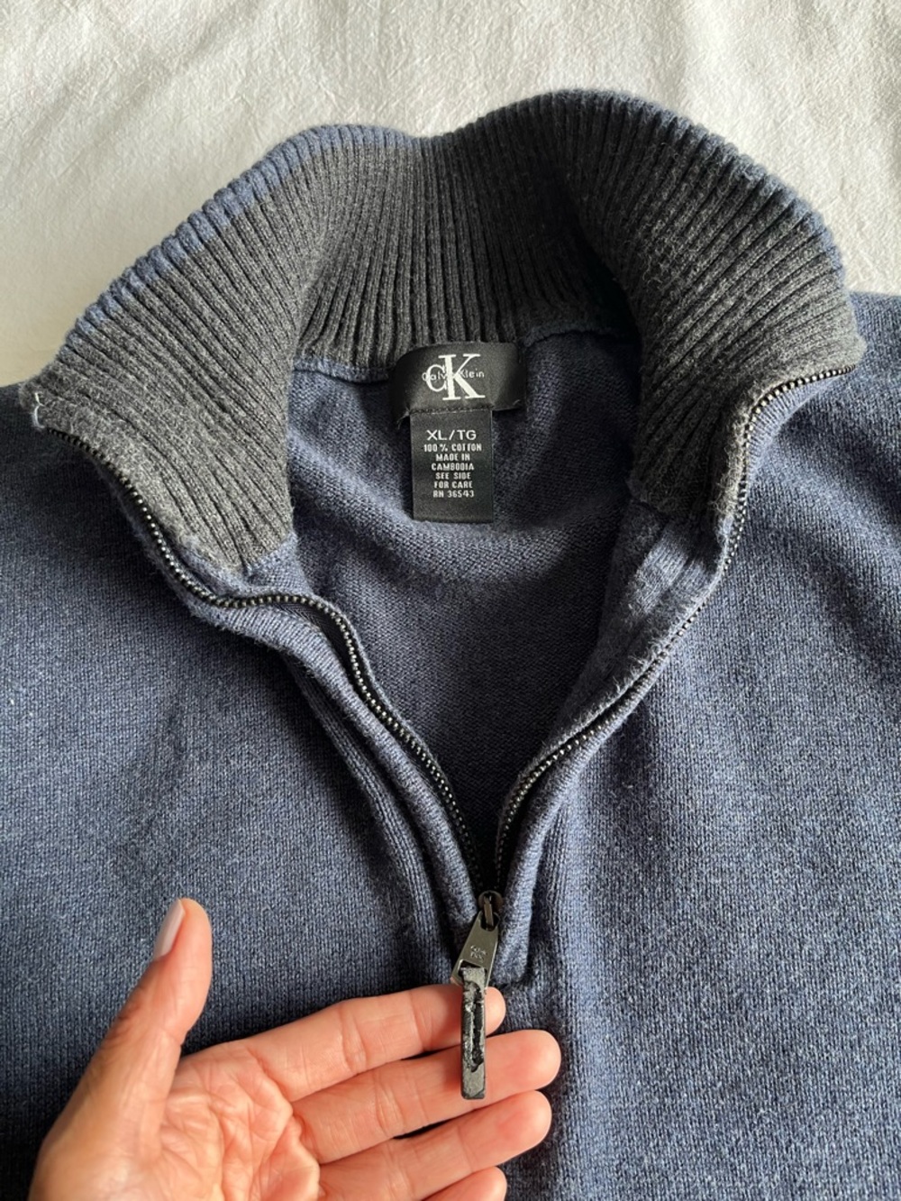 Calvin Klein Men's Blue 100% Cotton 1/4 Zip Pullover Sweater XL Mock Neck Preppy - Picture 10 of 12